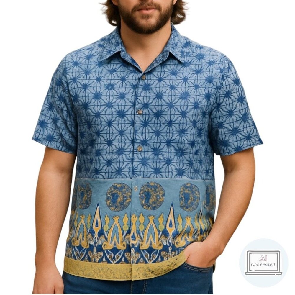 Flipbox Mens Novelty Hawaiian Shirt Blue Geo Print Dragon Medallion Size L